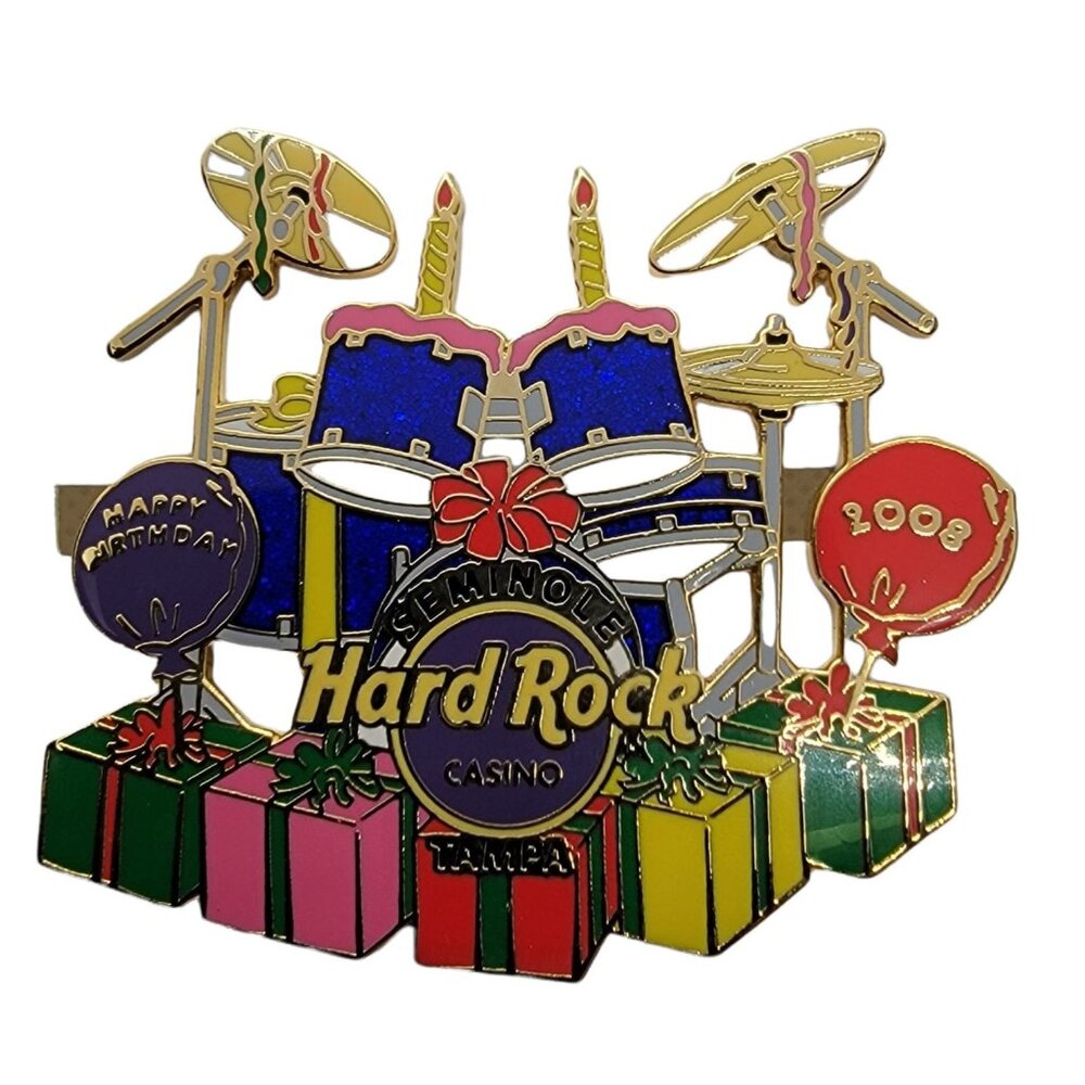 Hard Rock Seminole Casino Tampa 2008 Happy Birthday Drum Set Pin, Signed